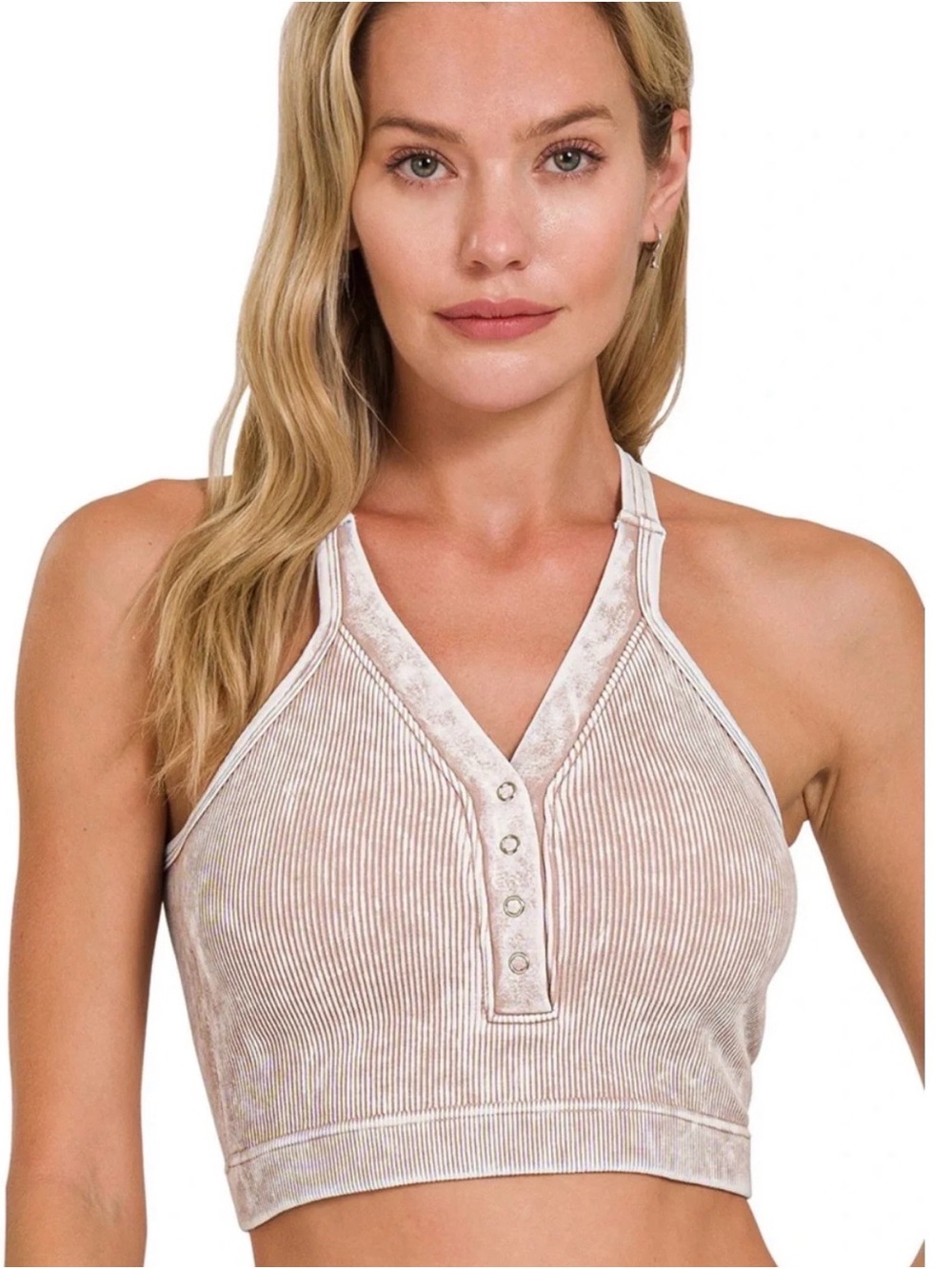 Zenana Washed Ribbed Snap Button Padded Brami COLOR Ash Mocha